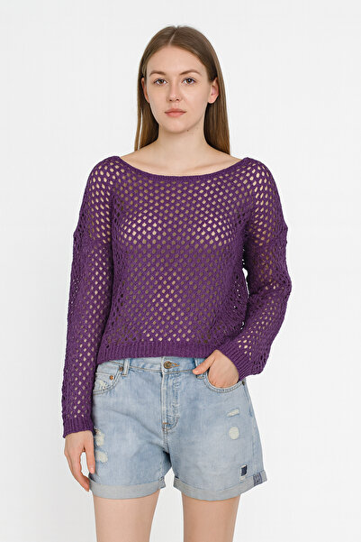 Minora Pulover pentru femei bumbac 100% tricotaj cu aspect dantelat violet