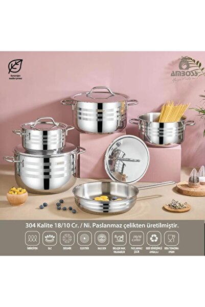 ORIAN طقم أواني طهي تركي من أمبوس، 9 قطع، من الفولاذ المقاوم للصدأ 18/10، مخطط