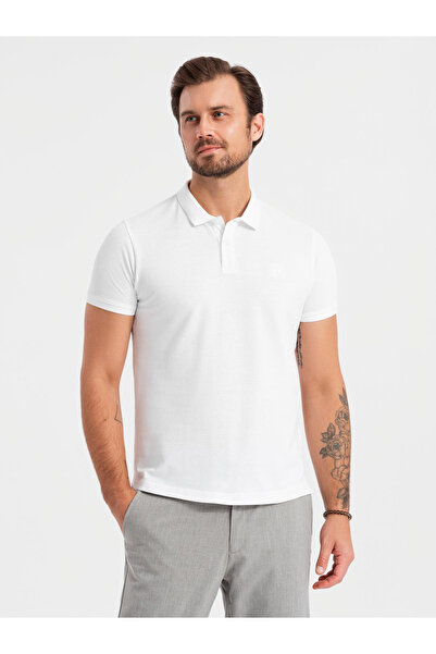 OMBRE Pánské bavlněné polo tričko BASIC - bílá/béžová/světle hnědá V6 OM-POBS-0133 L