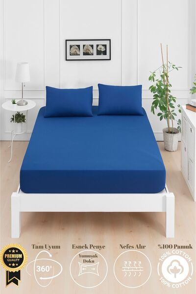 Mislina Home Mirava Premium 100% Cotton Combed Elastic Double Bed Sheet Set (Includes 2 Pillowcases) Navy Blue