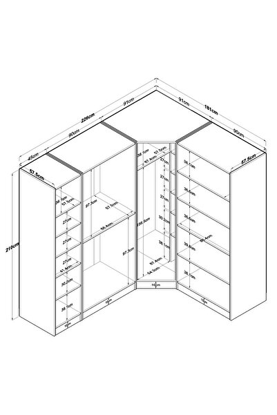 Rani Mobilya Rani BA152 Geniş Köşe Gardırop Elbise Dolabı 6 Kapaklı 16 Raflı 3 Askılı Modüler Dolap Beyaz