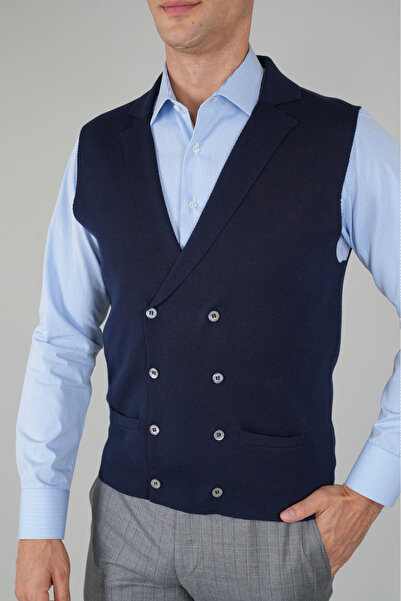 Bisse Lacivert Kruvaze Yün Erkek Yelek