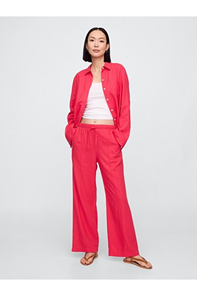 GAP Kadın Kırmızı Mid Rise Keten Karışımlı Pull-On Wide-Leg Pantolon