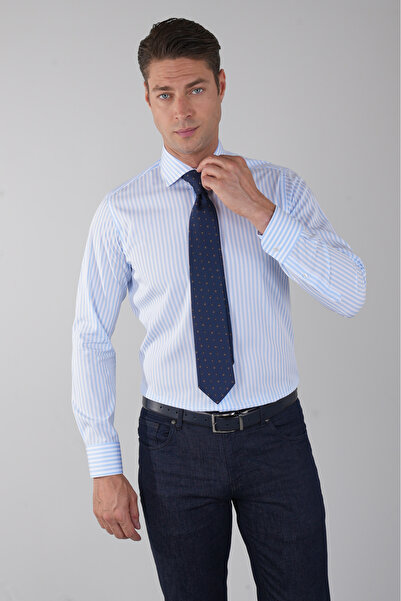 Bisse Uzun Kol İtalyan Yaka Cepsiz Mavi Pamuk Erkek Gömlek