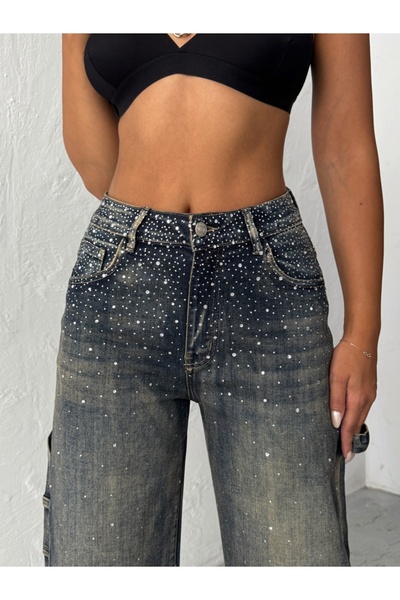 ADAMODA.RO Elastic flared jeans with rhinestones