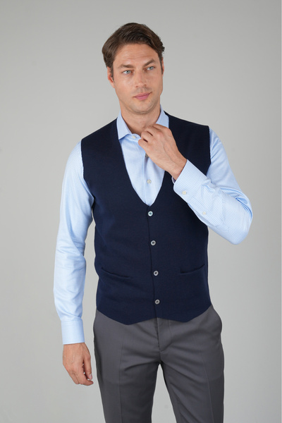 Bisse Navy Blue Plain Knitwear Wool Men's Vest