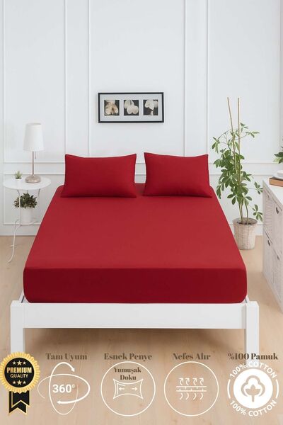 Mislina Home Mirava Premium 100% Cotton Combed Elastic Double Bed Sheet Set (Includes 2 Pillowcases) Burgundy
