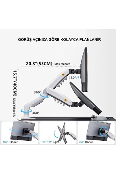 Triline NB F80-XE Beyaz 17-30" Amortisörlü 2-9Kg Ergonomik Monitör Tutucu Vesa Monitör Standı