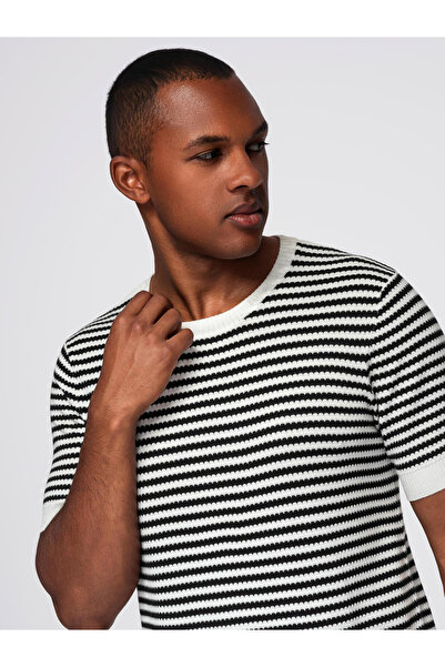 OMBRE Ανδρικό πλεκτό μπλουζάκι με μπλε σκούρο ρίγες και ανοιχτή ύφανση - μαύρο και άσπρο V1 OM-TSCT-0255 M