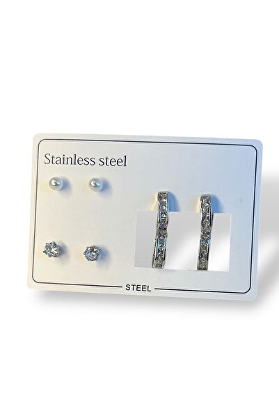 TAKIŞTIR Silver Color Stone Detailed 6-Piece Steel Earring Set