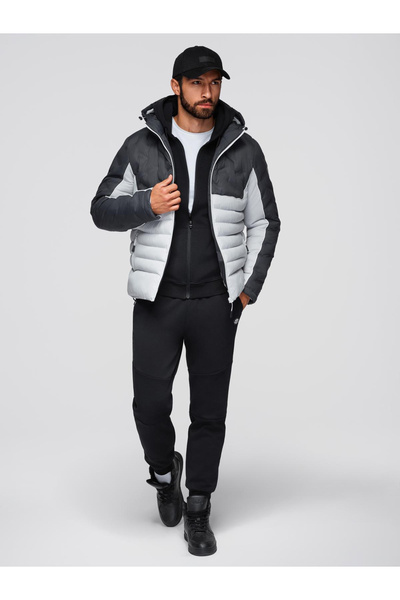 OMBRE Herren Steppjacke mit abnehmbarer Kapuze - Graphit und Grau V3 OM-JALP-...