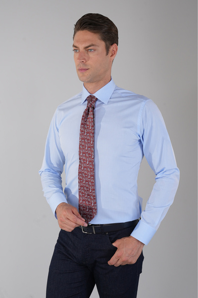 Bisse Blue Long Sleeve Classic Collar Pocketless Basic Men's Shirt