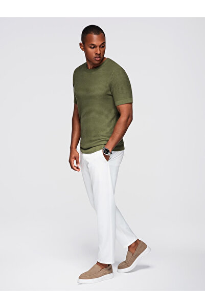 OMBRE Structured knitted shirt for men - olive V1 OM-TSCT-0253 XXL