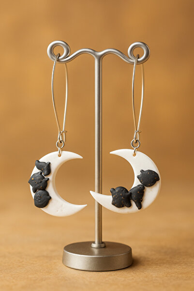 Lu Atelier Lunaria Noctis Handmade Polymer Clay Black Cat Figured Moon Shaped Earrings for Halloween