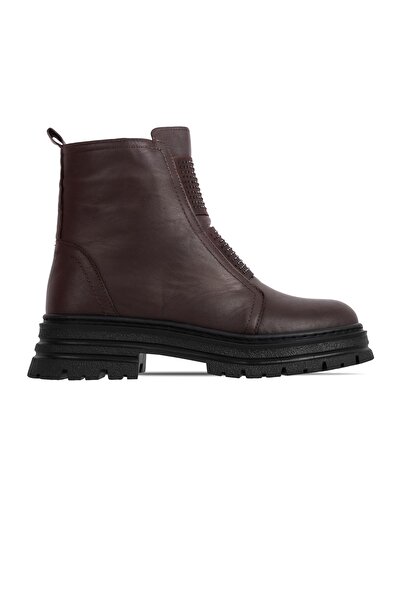 Lal Shoes & Bags Jayla Kadın Hakiki Deri Taş Detaylı Lastikli Yandan Fermuarlı Bot b4149-Kahverengi