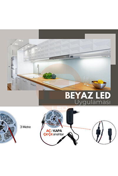 AmberLED 3 Metre Beyaz 6500K Şerit LED Tak Çalıştır Hazır Set Çıt Çıt Anahtar ve Adaptör Dahil