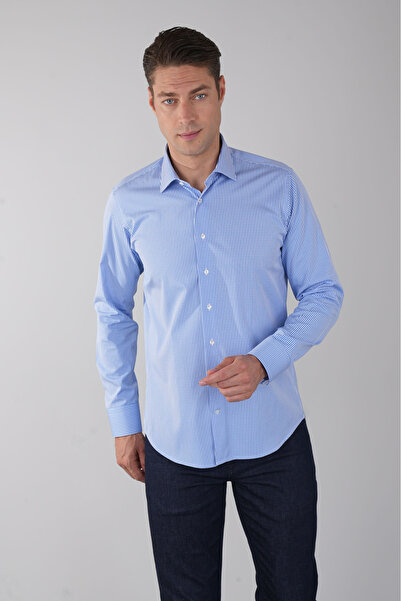 Bisse Uzun Kol Klasik A Yaka Cepsiz Mavi Pamuk Erkek Gömlek