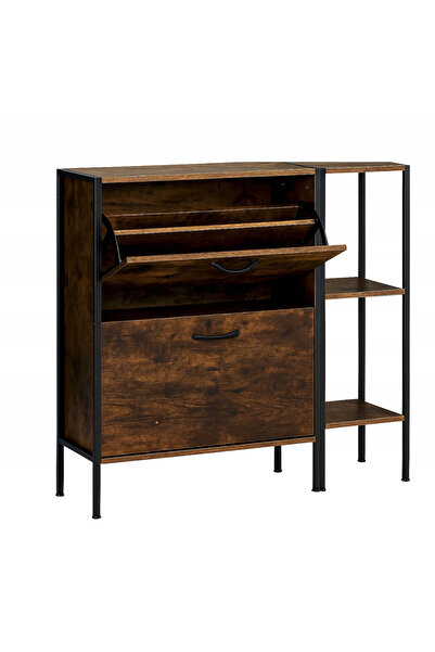 zola Modern shoe rack, 2 double drawers, side shelf with 3 shelves, 88x24x87 cm, smoked oak