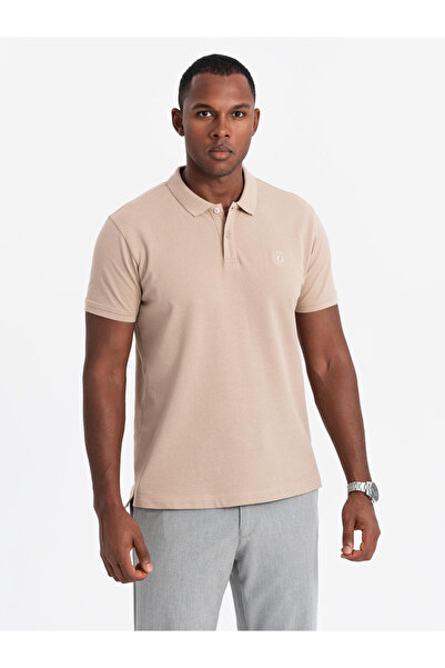 OMBRE Pánské bavlněné polo tričko BASIC - bílá/béžová/světle hnědá V6 OM-POBS-0133 L