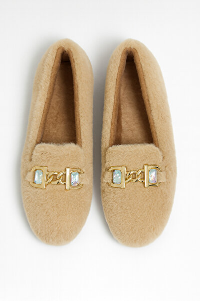 Beyond Women's Beige Plush Home Slippers with Stone Accessories Byndvt02