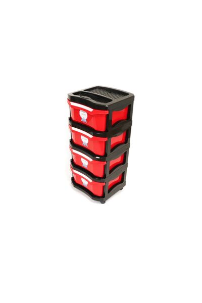 Bella Plastic Cabinet With Drawers And Wheels, White/Red