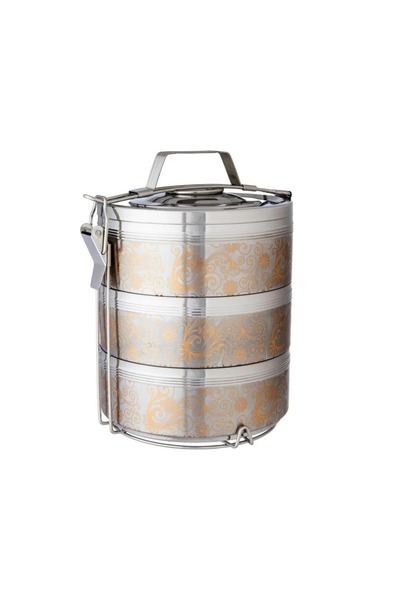 ORIAN 3-Tier Gold-Engraved Stainless Steel Food Container with Stand, 6 Liters
