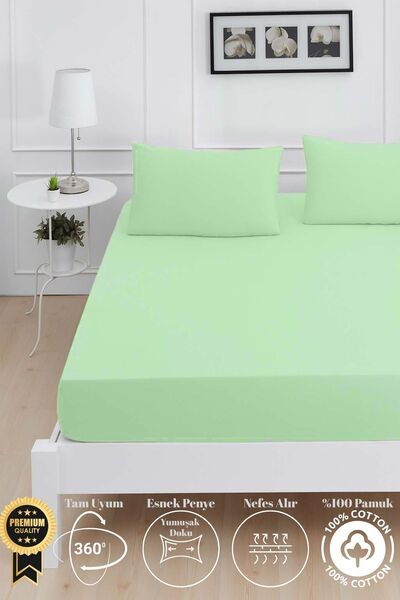 Mislina Home Mirava Premium 100% Cotton Combed Elastic Double Bed Sheet Set (Includes 2 Pillowcases) Mint