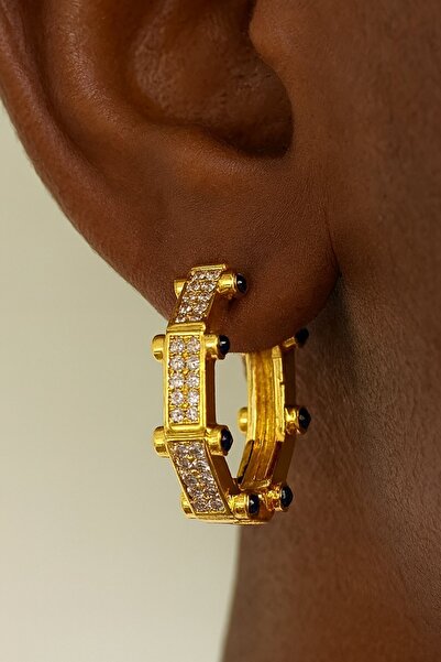 TAKIŞTIR أقراط YSX ذات اللون الذهبي مع تفاصيل حجرية