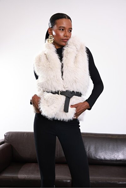 5in1Canpolat Beige Belted Fur Vest 17595