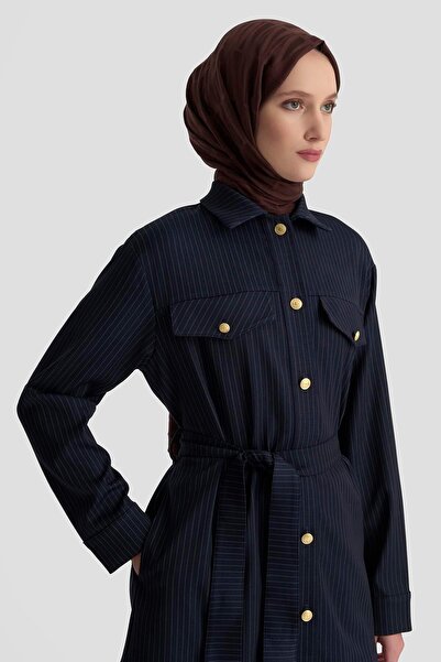 Armine TREND Gold DÜğme Detaylı Belden Kuşaklı Çizgili Ceket 25KT511