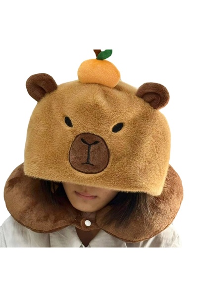 Choice وسادة رقبة كابيبارا على شكل حرف U من القطيفة بمقاس واحد مع قبعة ورسوم ...