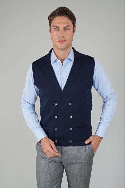 Bisse Lacivert Kruvaze Yün Erkek Yelek