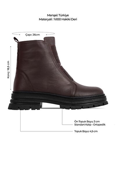 Lal Shoes & Bags Jayla Kadın Hakiki Deri Taş Detaylı Lastikli Yandan Fermuarlı Bot b4149-Kahverengi