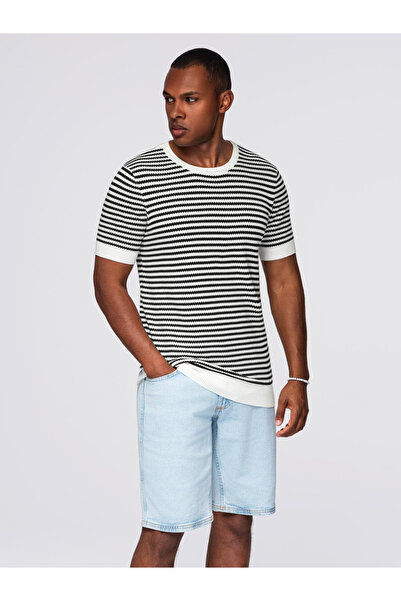 OMBRE Men's knitted t-shirt with navy stripes and openwork weave - black and white V1 OM-TSCT-0255 XL