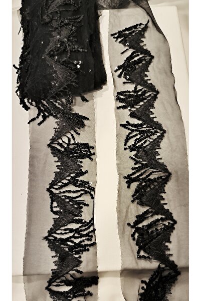 ALTAY AKSESUAR شريط شراشيب مطرز بالترتر على قماش التول الأسود