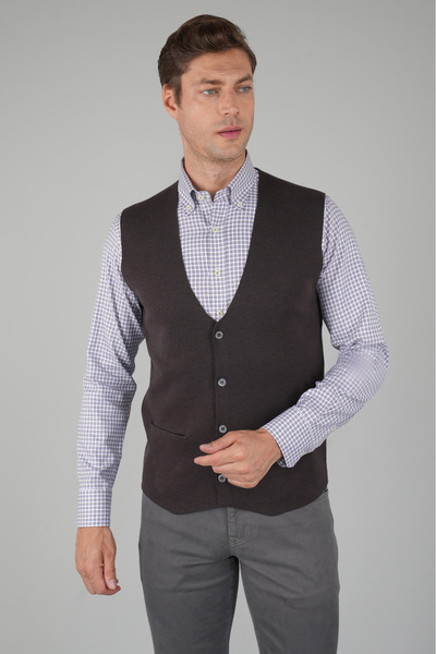 Bisse Kahve Düz Triko Yün Erkek Yelek