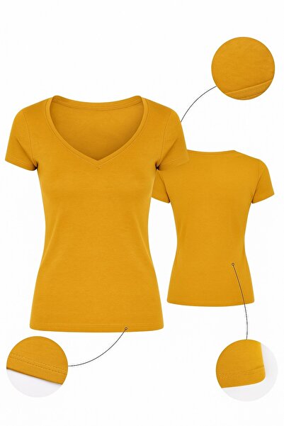 SCZ Kadın V Yaka Kısa Kollu Body – Hardal