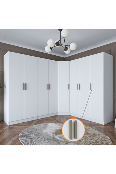 Rani Mobilya Rani BA151 Köşe Gardırop Elbise Dolabı 8 Kapaklı 2 Çekmeceli 17 Raflı 4 Askılı Modüler Dolap Beyaz