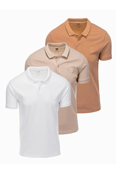 OMBRE Pánské bavlněné polo tričko BASIC - bílá/béžová/světle hnědá V6 OM-POBS-0133 L