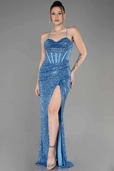 Abiyefon İndigo Bacak Dekolteli Balen Korse Pullu Abiye ABU3246