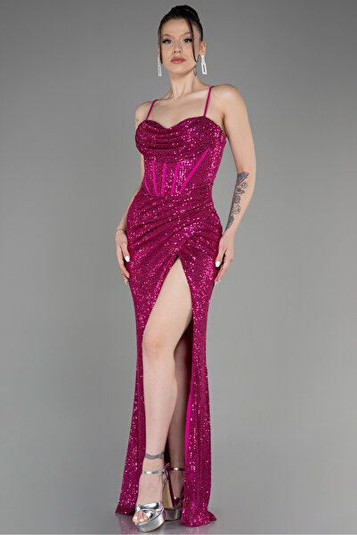 Abiyefon Fuşya Bacak Dekolteli Balen Korse Pullu Abiye ABU3246