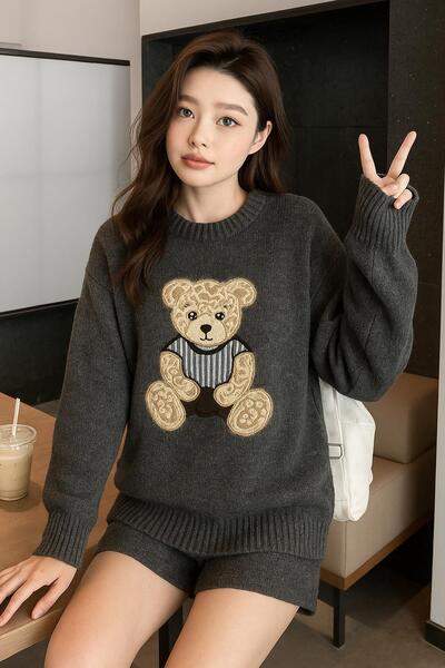 Fashion Friends سترة مطرزة برقبة دائرية أنثرا ميلانج