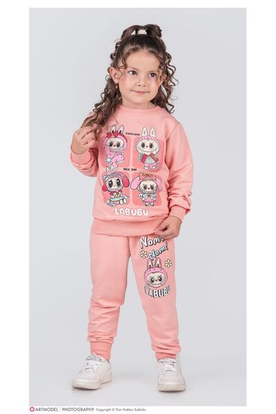 Yağmur Giyim Pjk2İ Labubu Patterned 2-Strand 100% Cotton Girls' Tracksuit Set...