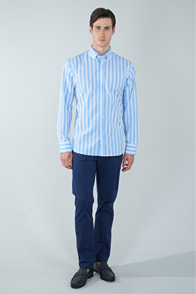 Bisse Uzun Kol Paşa Yaka Cepsiz Mavi Pamuk Erkek Gömlek