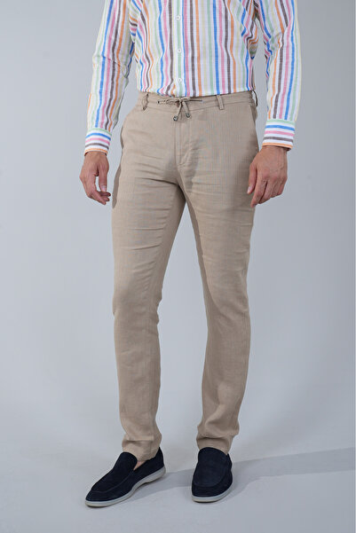 Bisse Men's Camel Elastic Lace-Up Sports Linen Trousers