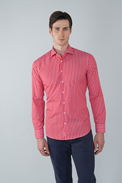 Bisse Uzun Kol İtalyan Yaka Cepsiz Kırmızı Pamuk Erkek Gömlek
