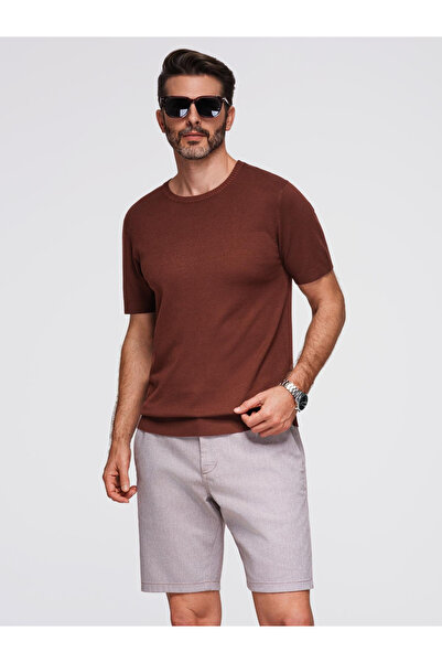 OMBRE Pánská klasická pletená košile s žebrovanými manžetami - teple hnědá V4 OM-TSCT-0252 L