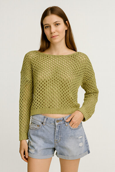 Minora Pulover pentru femei bumbac 100% tricotaj cu aspect dantelat verde fistic