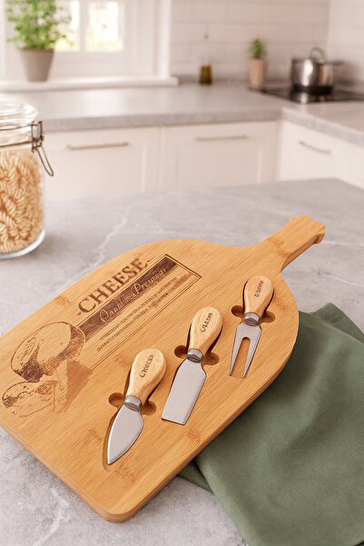 Çavdar Group Bamboo 4-Piece Cheese Serving Set Large Size Breakfast Serving Board with Knife Bamboo