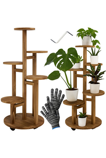 zola Suport de flori cu 6 niveluri, lemn pin, inaltime 86 cm, diametru suport 18-33 cm, roti pivotante